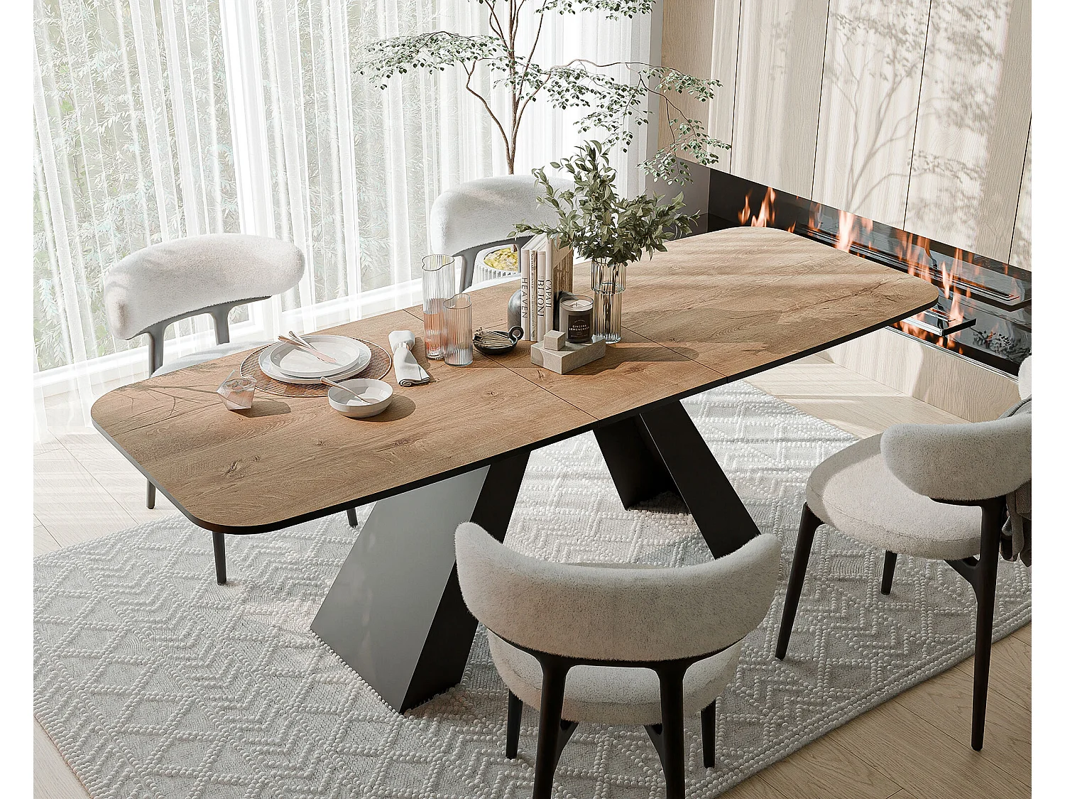 Table à manger extensible 160/198 en MDF, pieds en métal noir, chêne de Lefkas