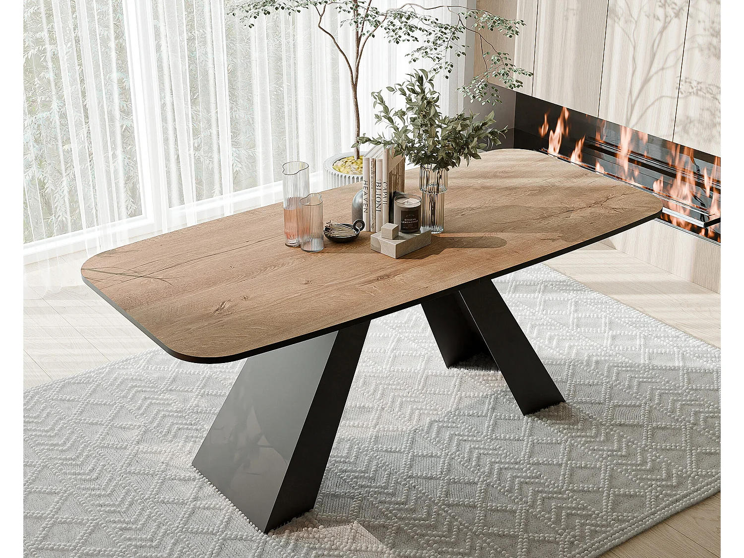 Table à manger extensible 160/198 en MDF, pieds en métal noir, chêne de Lefkas