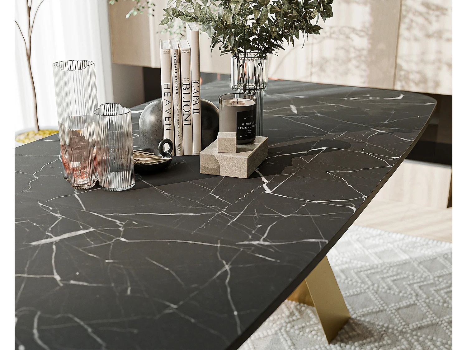 Table à manger extensible 180/218 en MDF, pieds en métal doré, grigia pietra