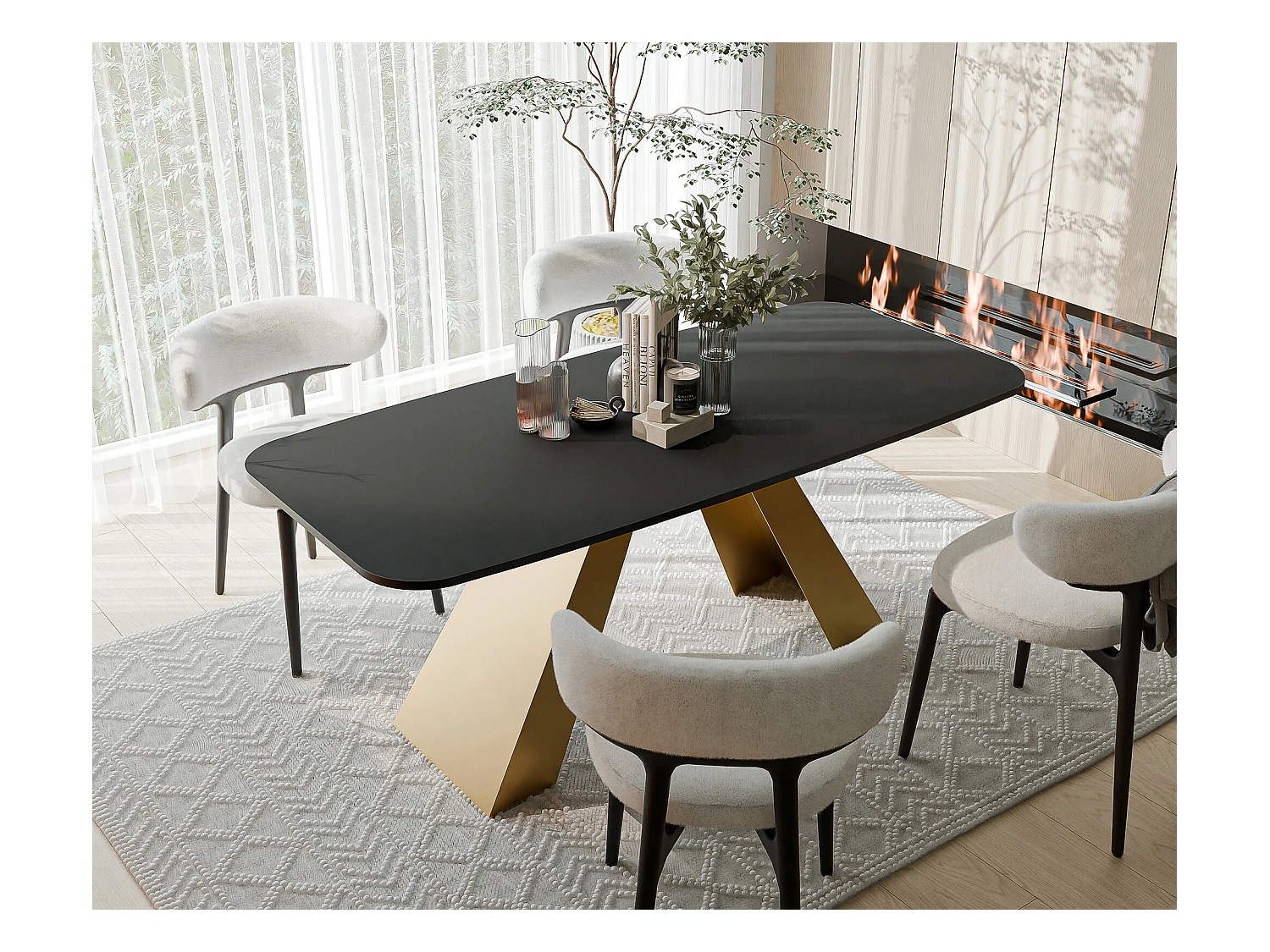 Table à manger extensible 160/198 en MDF, pieds en métal doré, molet noir