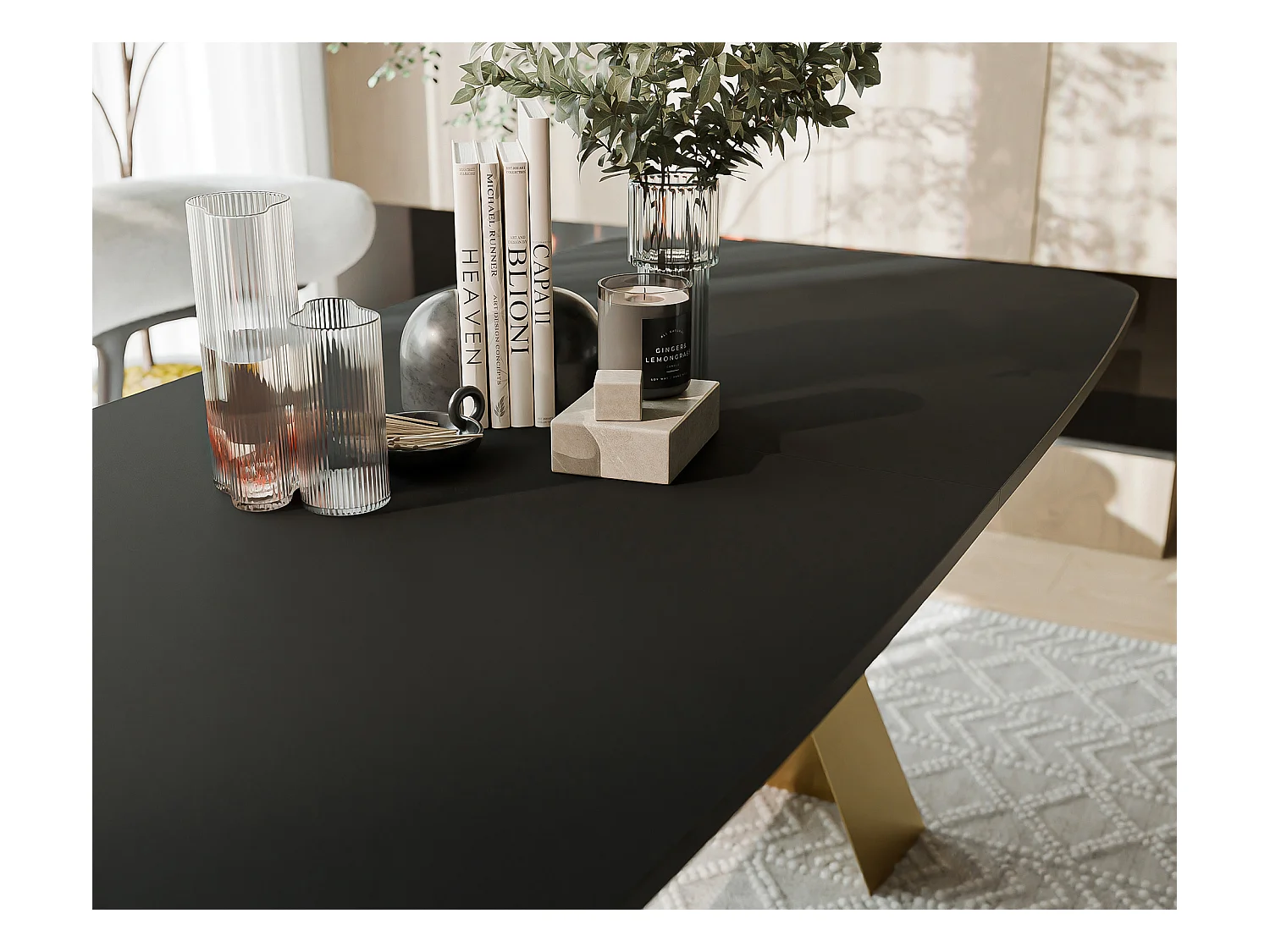 Table à manger extensible 160/198 en MDF, pieds en métal doré, molet noir