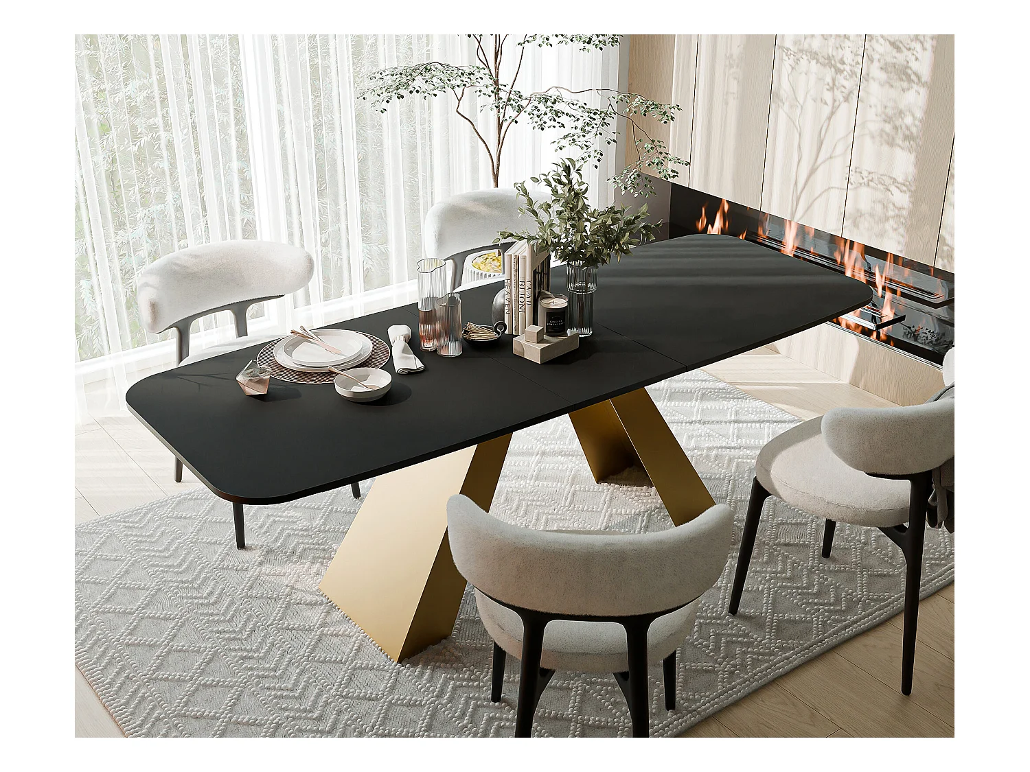 Table à manger extensible 160/198 en MDF, pieds en métal doré, molet noir