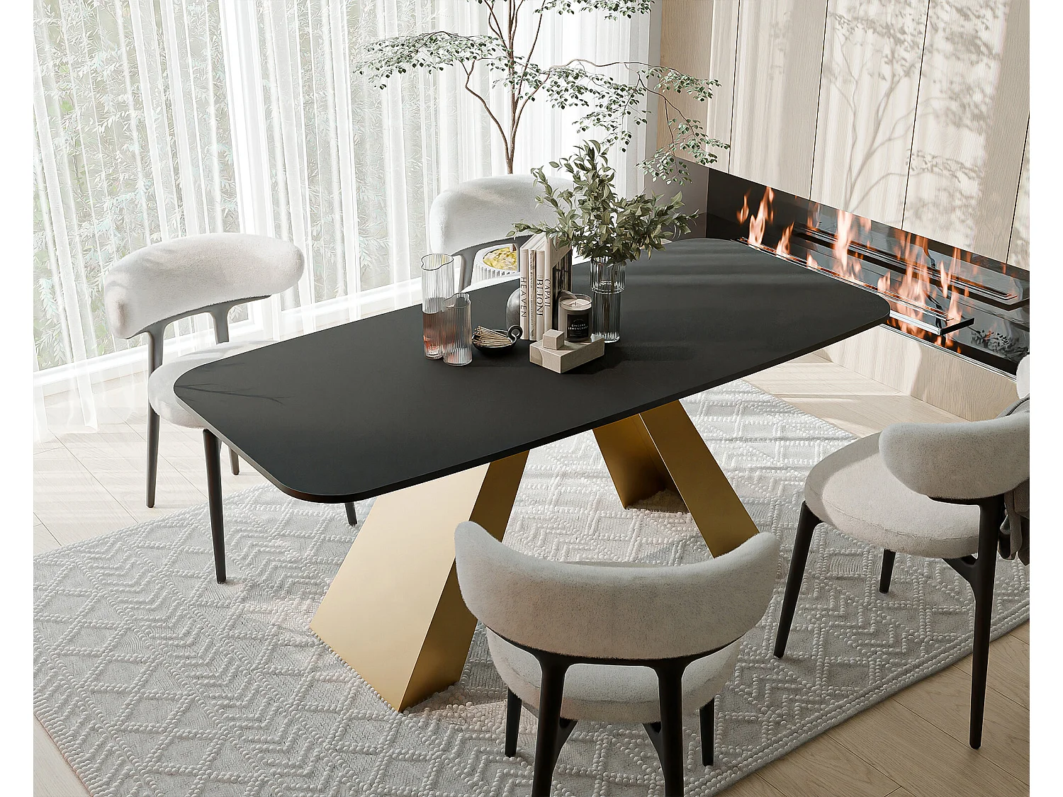 Table à manger extensible 160/198 en MDF, pieds en métal doré, molet noir