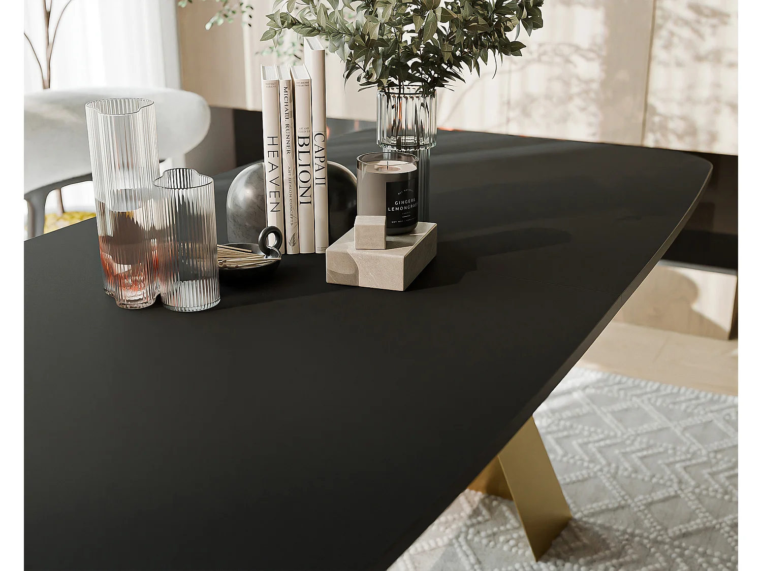 Table à manger extensible 160/198 en MDF, pieds en métal doré, molet noir