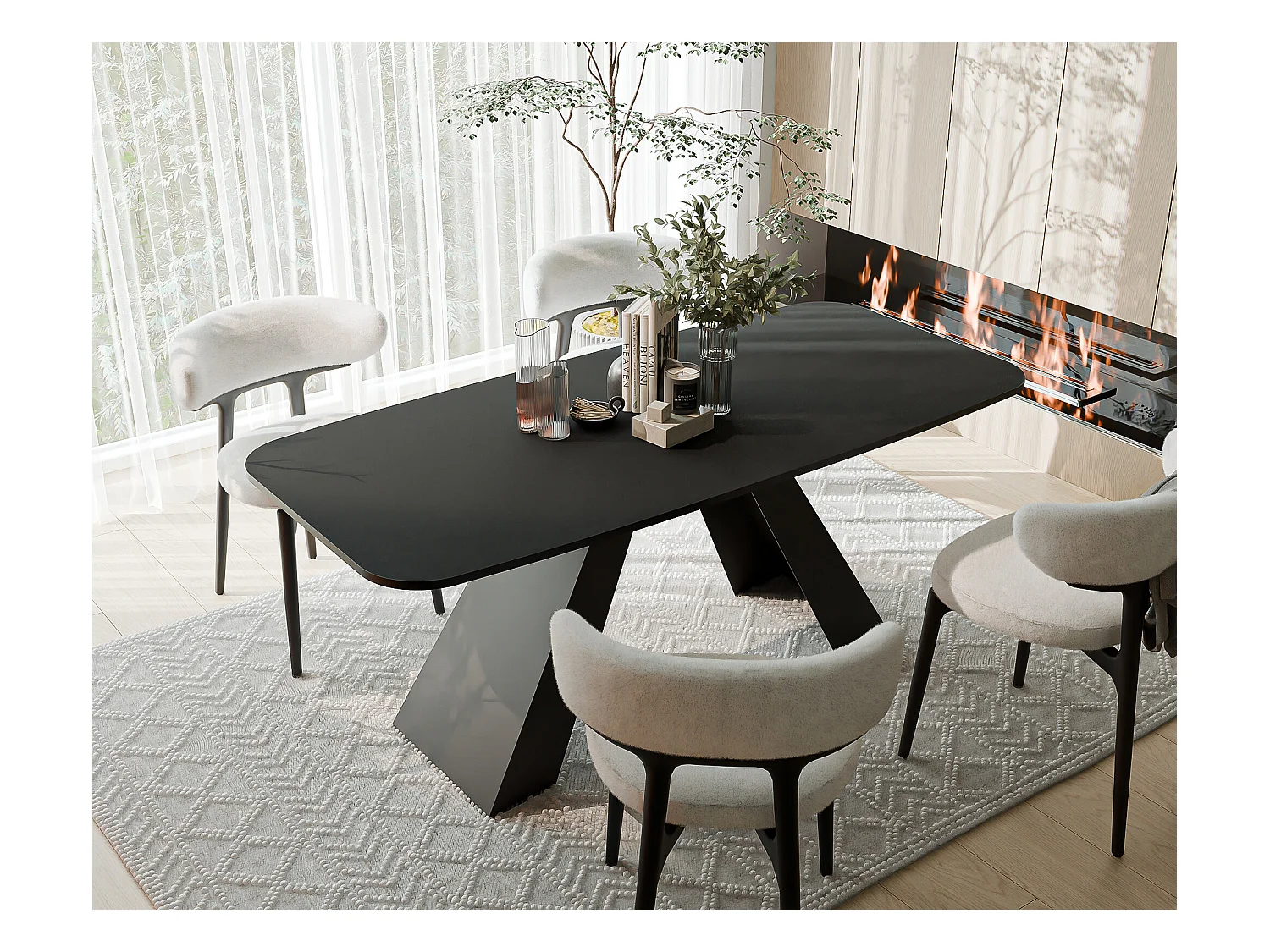 Table à manger extensible 160/198 en MDF, pieds en métal noir, molet noir