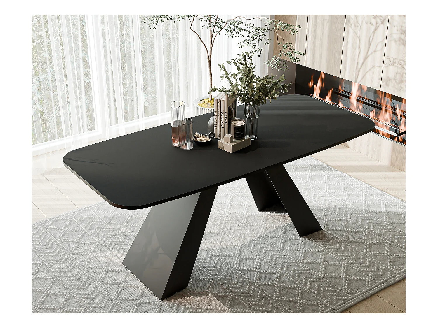 Table à manger extensible 160/198 en MDF, pieds en métal noir, molet noir