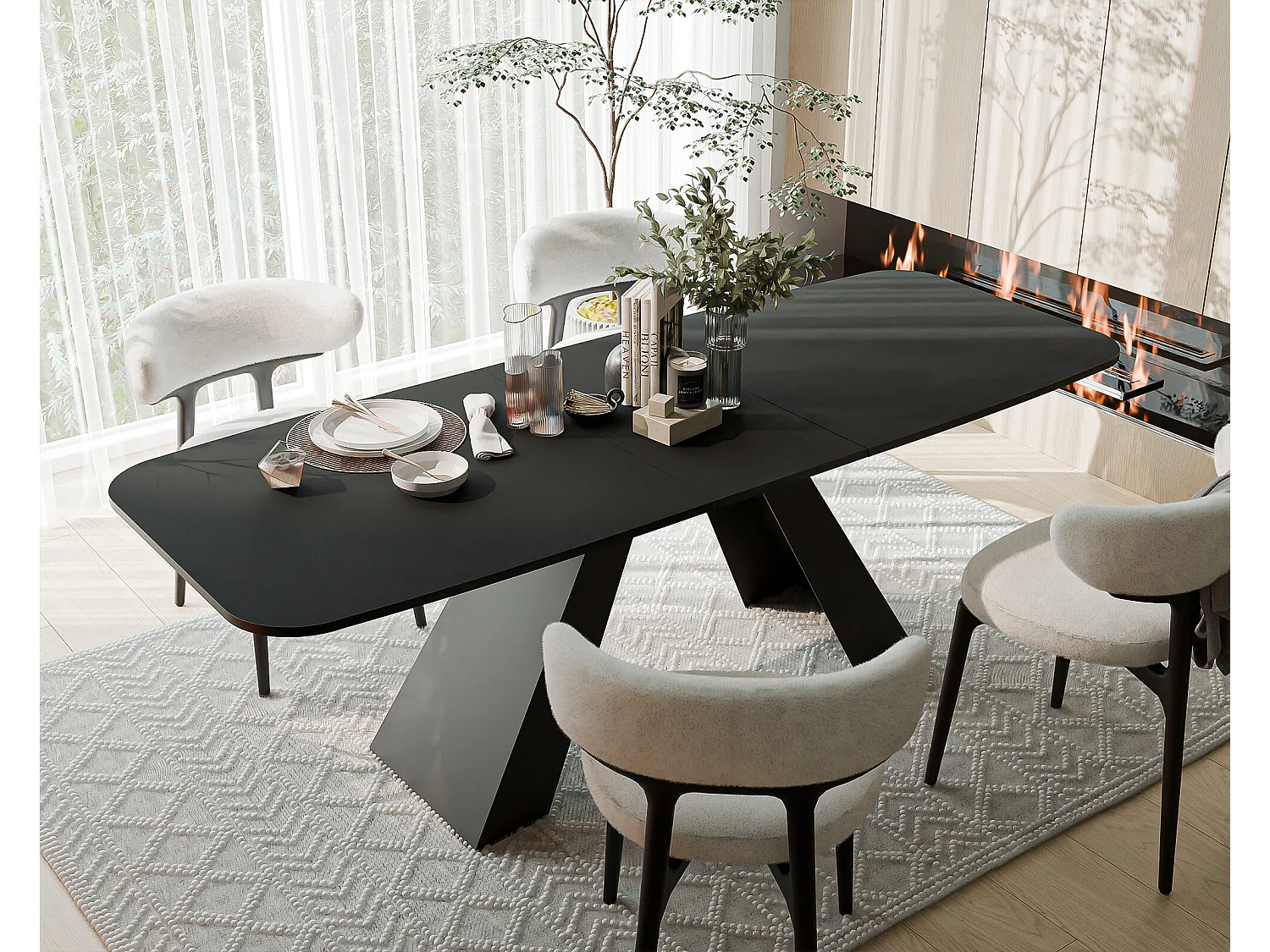 Table à manger extensible 160/198 en MDF, pieds en métal noir, molet noir