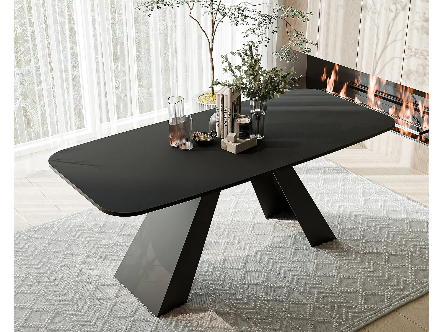 Table à manger extensible 160/198 en MDF, pieds en métal noir, molet noir