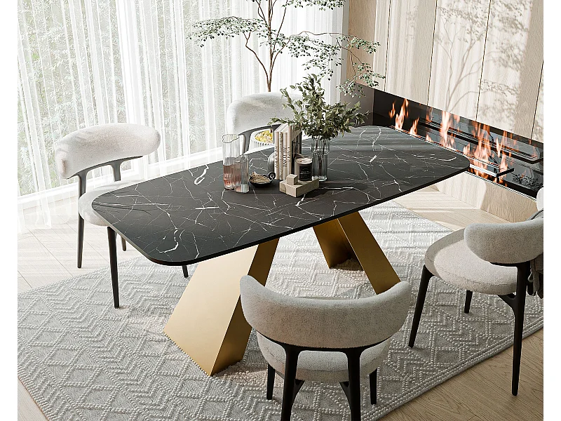 Table à manger extensible 160/198 en MDF, pieds en métal doré, grigia pietra