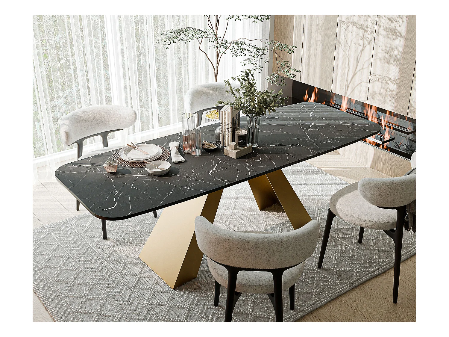 Table à manger extensible 160/198 en MDF, pieds en métal doré, grigia pietra