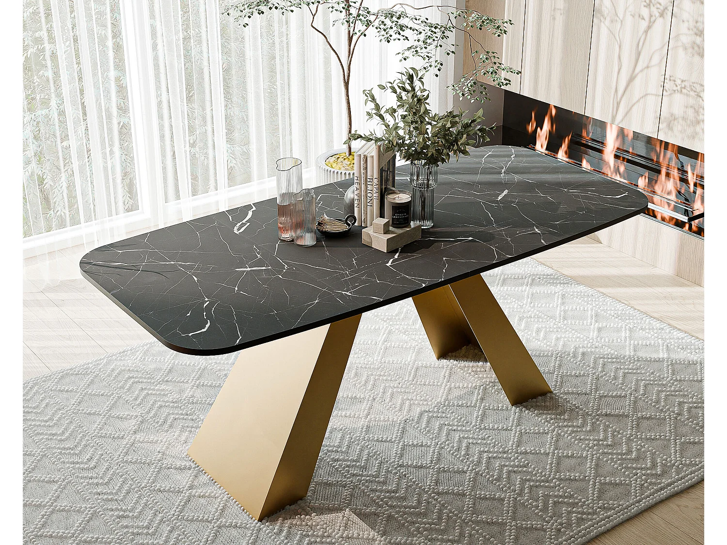 Table à manger extensible 160/198 en MDF, pieds en métal doré, grigia pietra