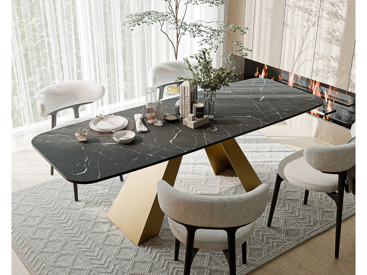 Table à manger extensible 160/198 en MDF, pieds en métal doré, grigia pietra