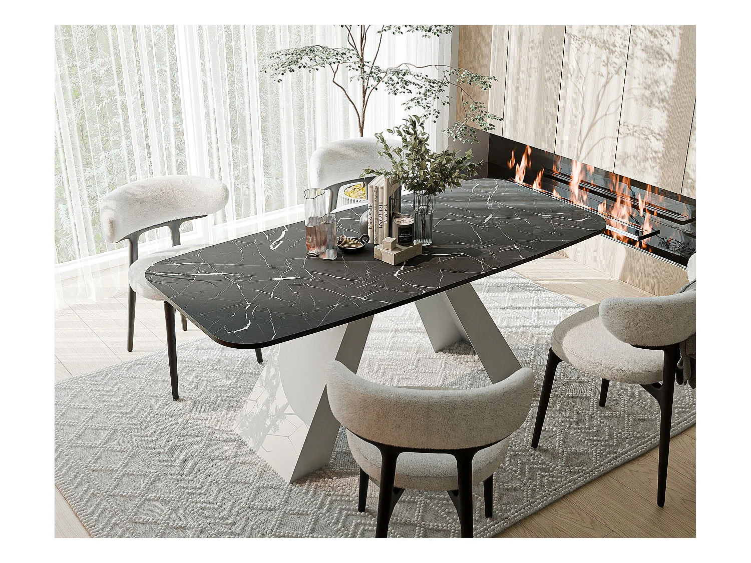 Table à manger extensible 160/198 en MDF, pieds en métal blanc, grigia pietra