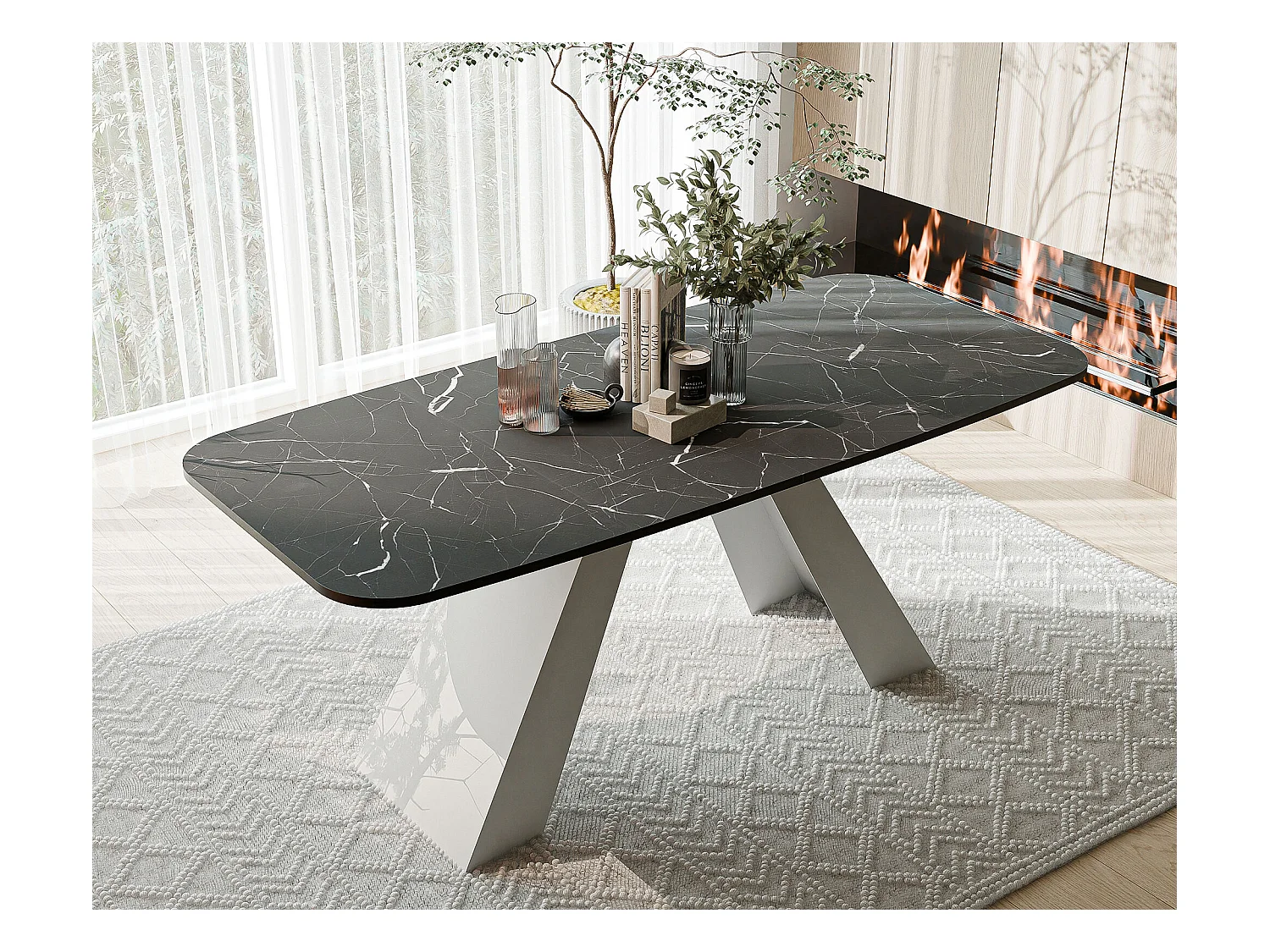 Table à manger extensible 160/198 en MDF, pieds en métal blanc, grigia pietra