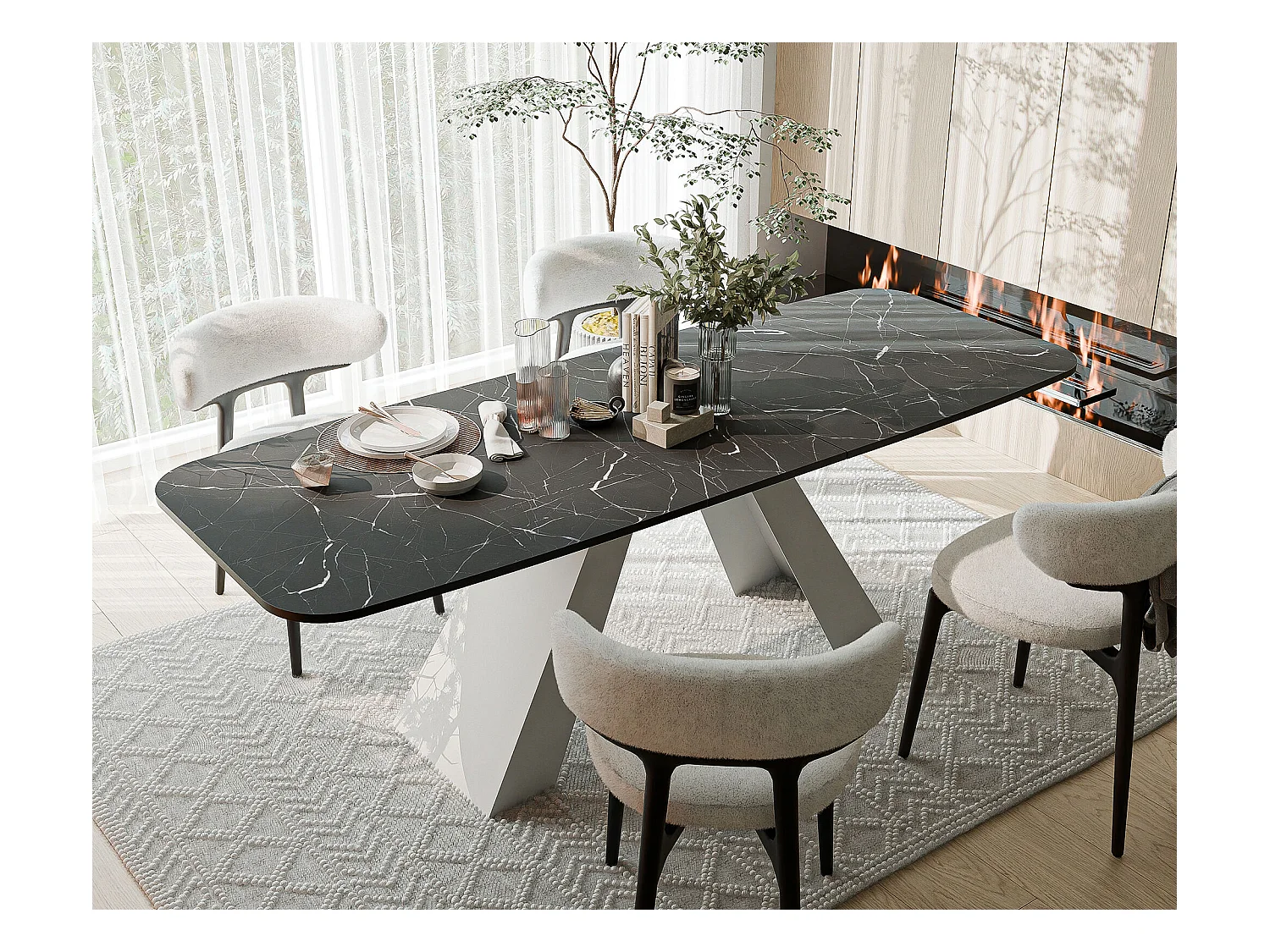 Table à manger extensible 160/198 en MDF, pieds en métal blanc, grigia pietra