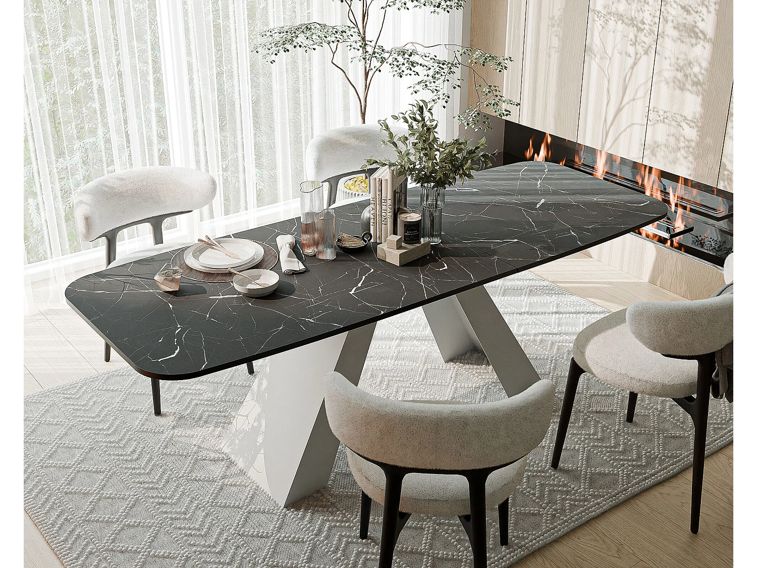 Table à manger extensible 160/198 en MDF, pieds en métal blanc, grigia pietra