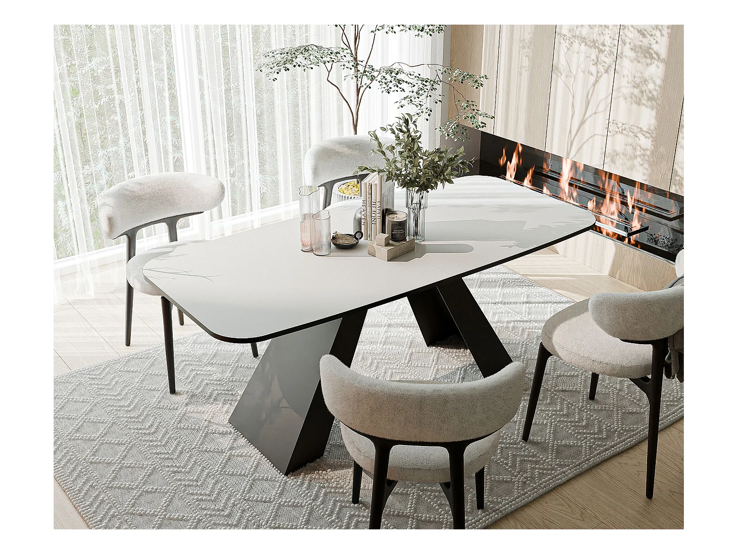 Table à manger extensible 160/198 en MDF, pieds en métal noir, blanc arctique