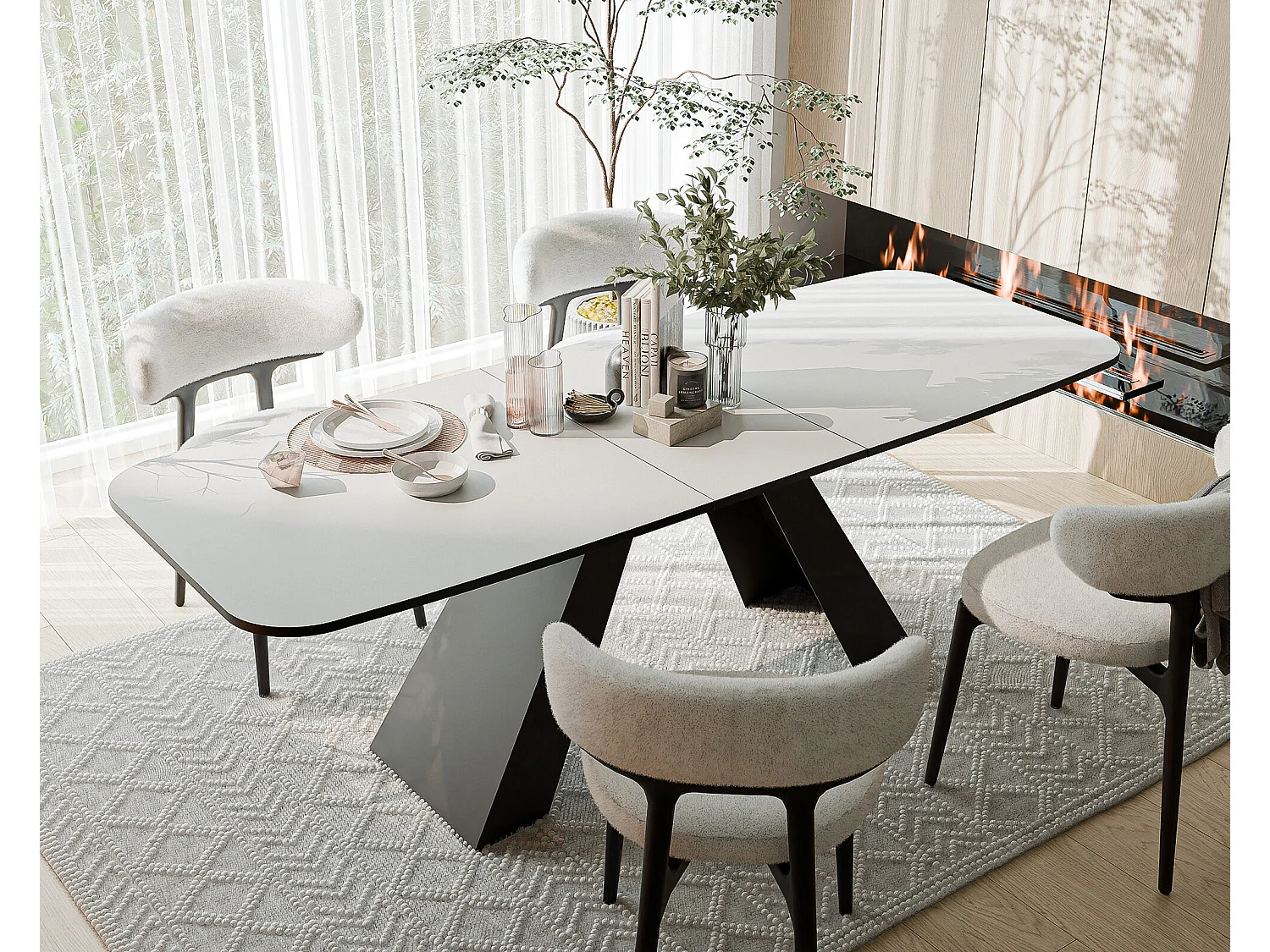 Table à manger extensible 160/198 en MDF, pieds en métal noir, blanc arctique