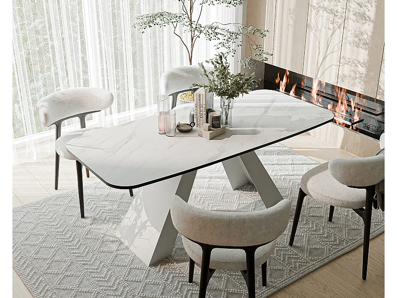 Table à manger extensible 180/218 en MDF, pieds en métal blanc, marbre bianco