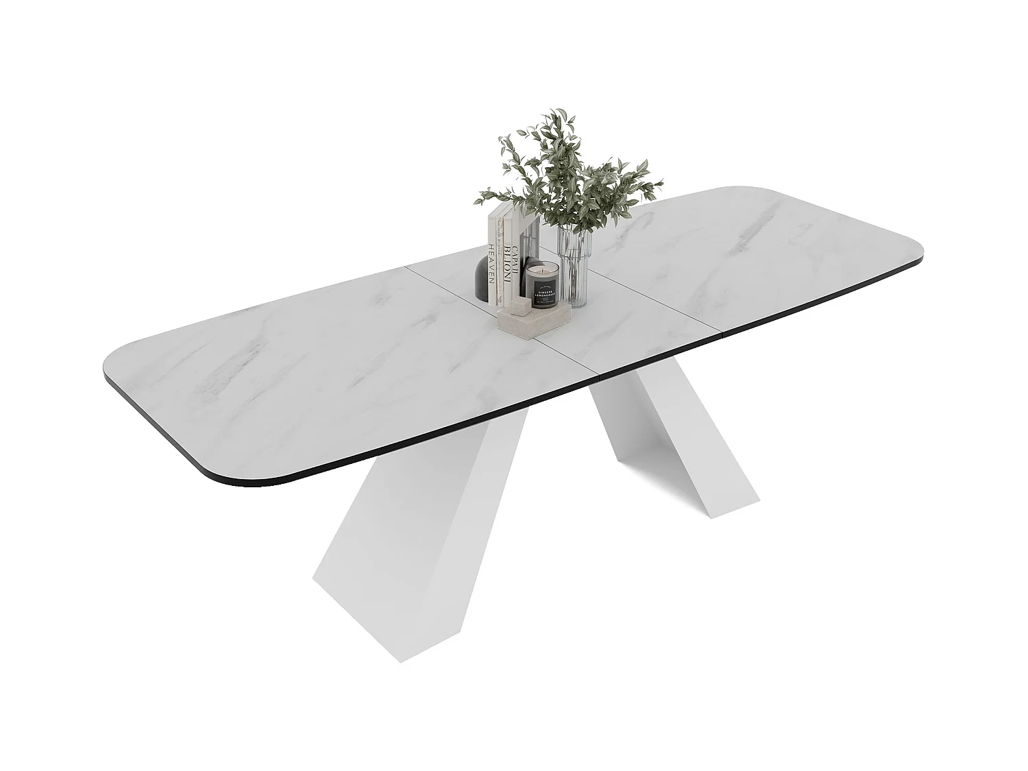 Table à manger extensible 180/218 en MDF, pieds en métal blanc, marbre bianco