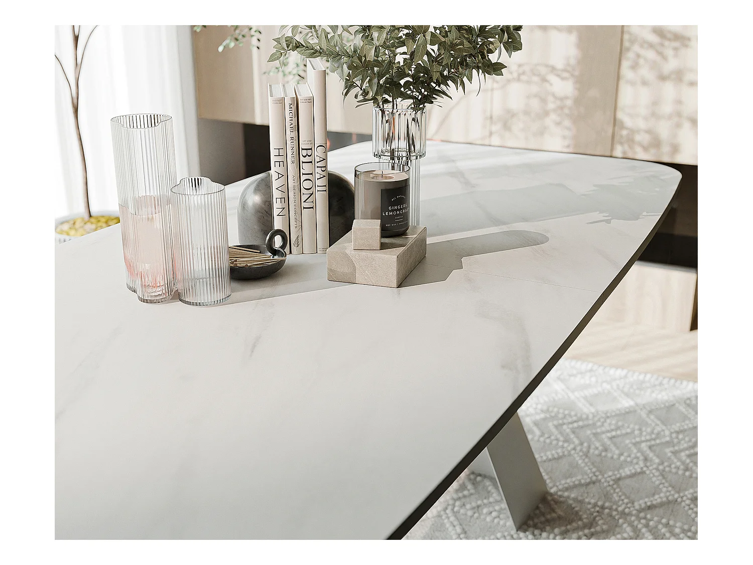 Table à manger extensible 180/218 en MDF, pieds en métal blanc, marbre bianco