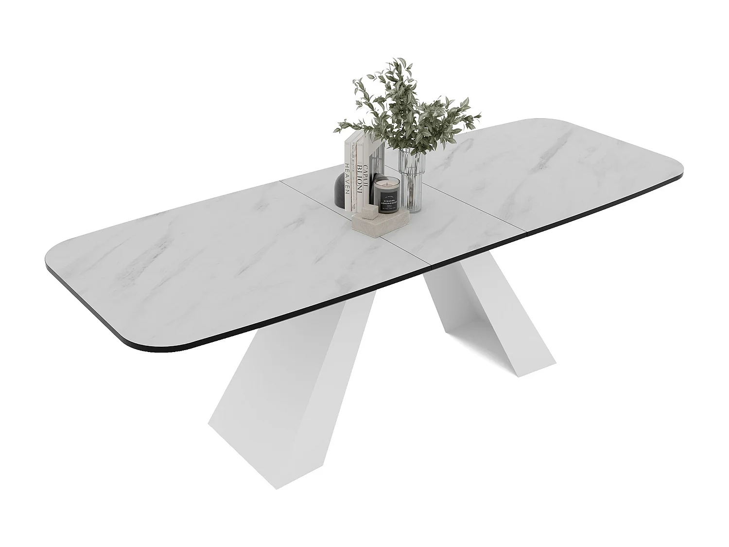 Table à manger extensible 180/218 en MDF, pieds en métal blanc, marbre bianco