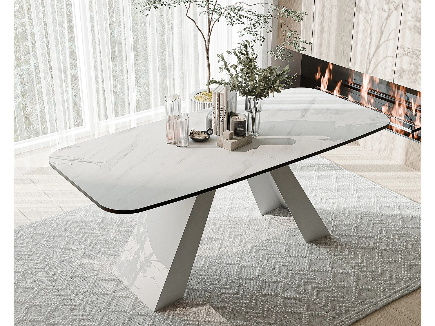 Table à manger extensible 180/218 en MDF, pieds en métal blanc, marbre bianco