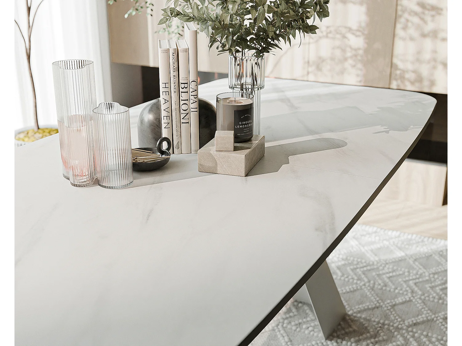 Table à manger extensible 180/218 en MDF, pieds en métal blanc, marbre bianco