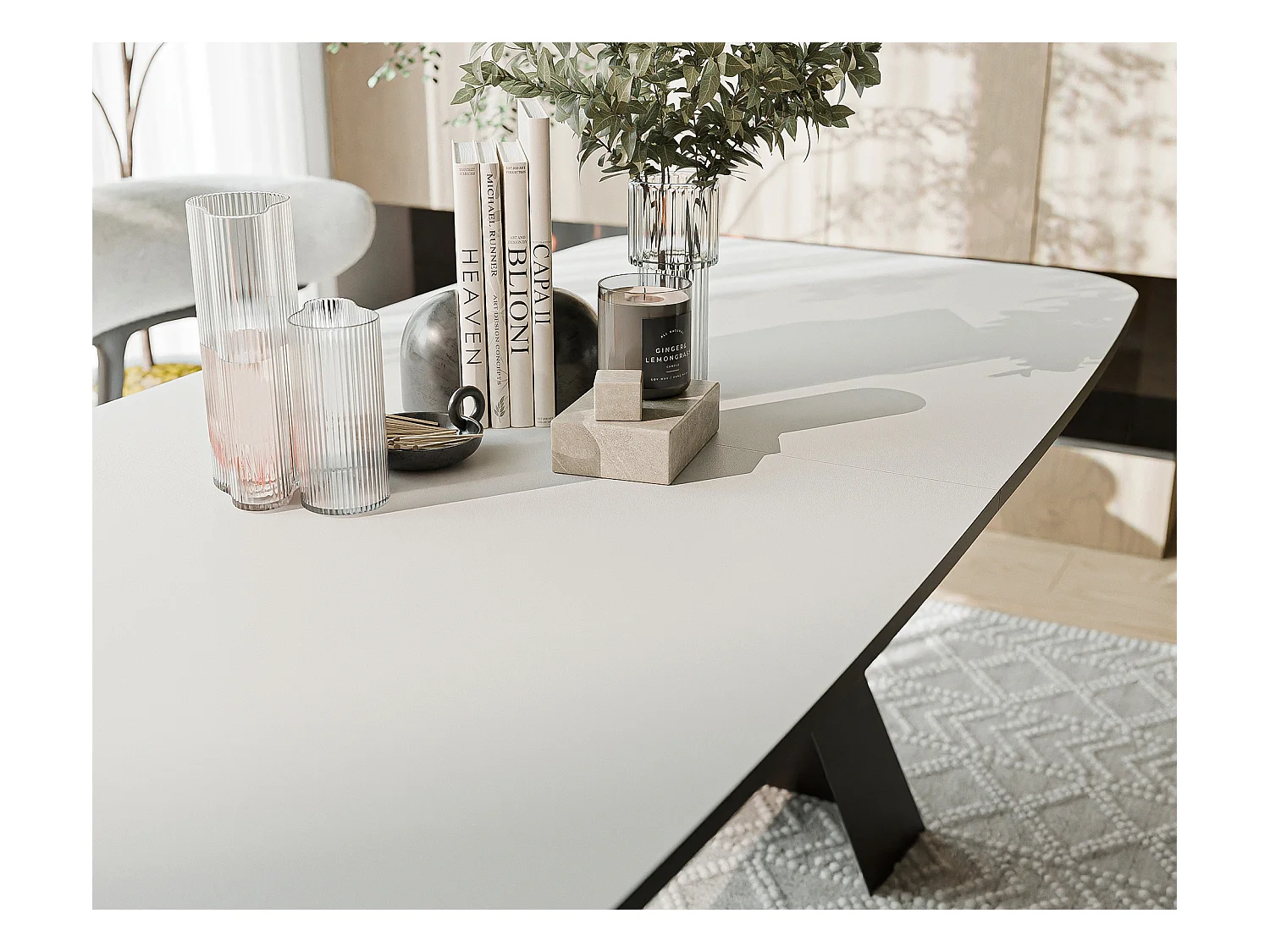 Table à manger extensible 180/218 en MDF, pieds en métal noir, blanc arctique