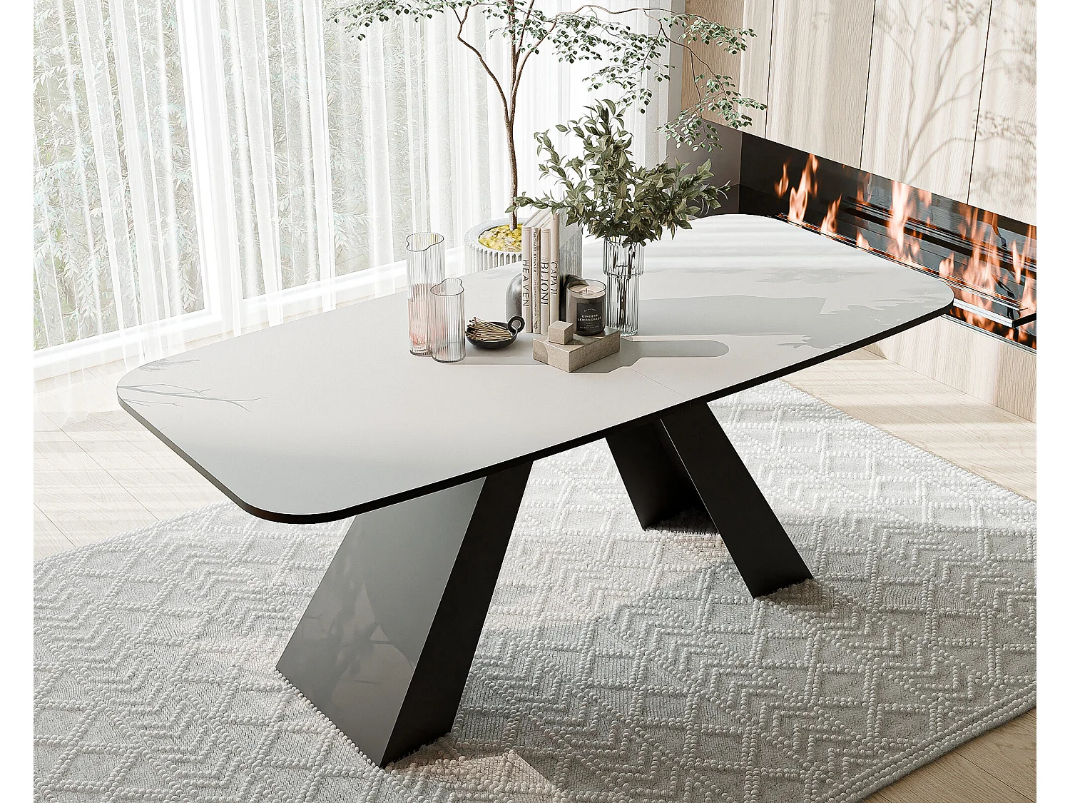 Table à manger extensible 180/218 en MDF, pieds en métal noir, blanc arctique