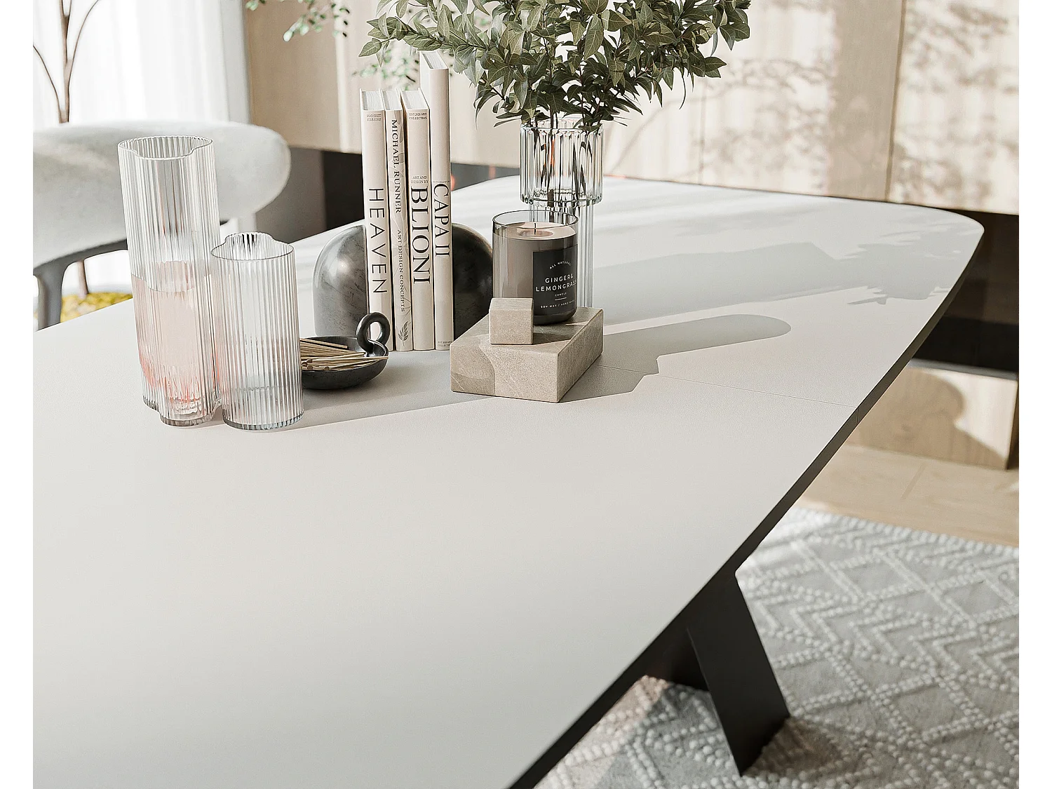 Table à manger extensible 180/218 en MDF, pieds en métal noir, blanc arctique