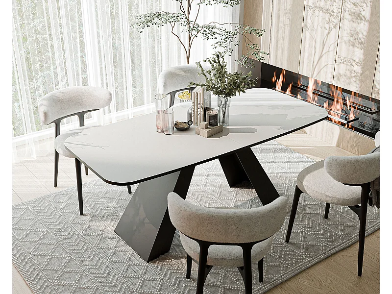 Table à manger extensible 180/218 en MDF, pieds en métal noir, blanc arctique