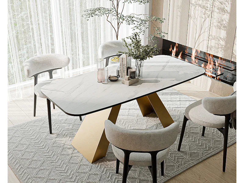 Table à manger extensible 180/218 en MDF, pieds en métal doré, marbre bianco