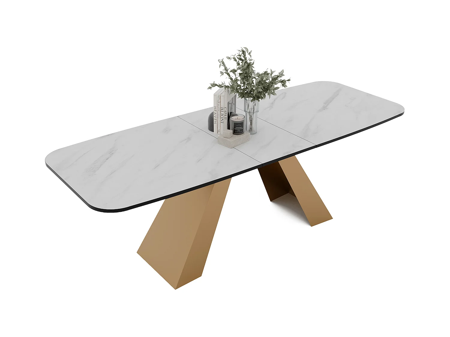 Table à manger extensible 180/218 en MDF, pieds en métal doré, marbre bianco