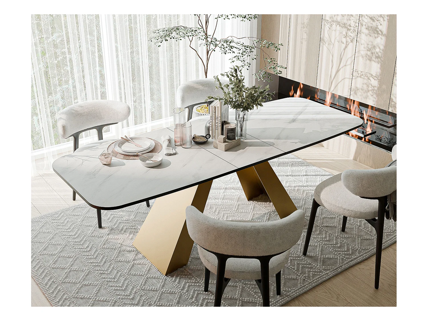 Table à manger extensible 180/218 en MDF, pieds en métal doré, marbre bianco