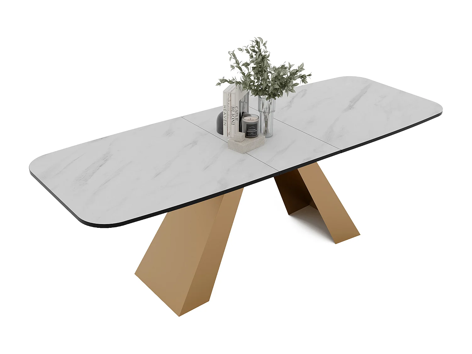 Table à manger extensible 180/218 en MDF, pieds en métal doré, marbre bianco