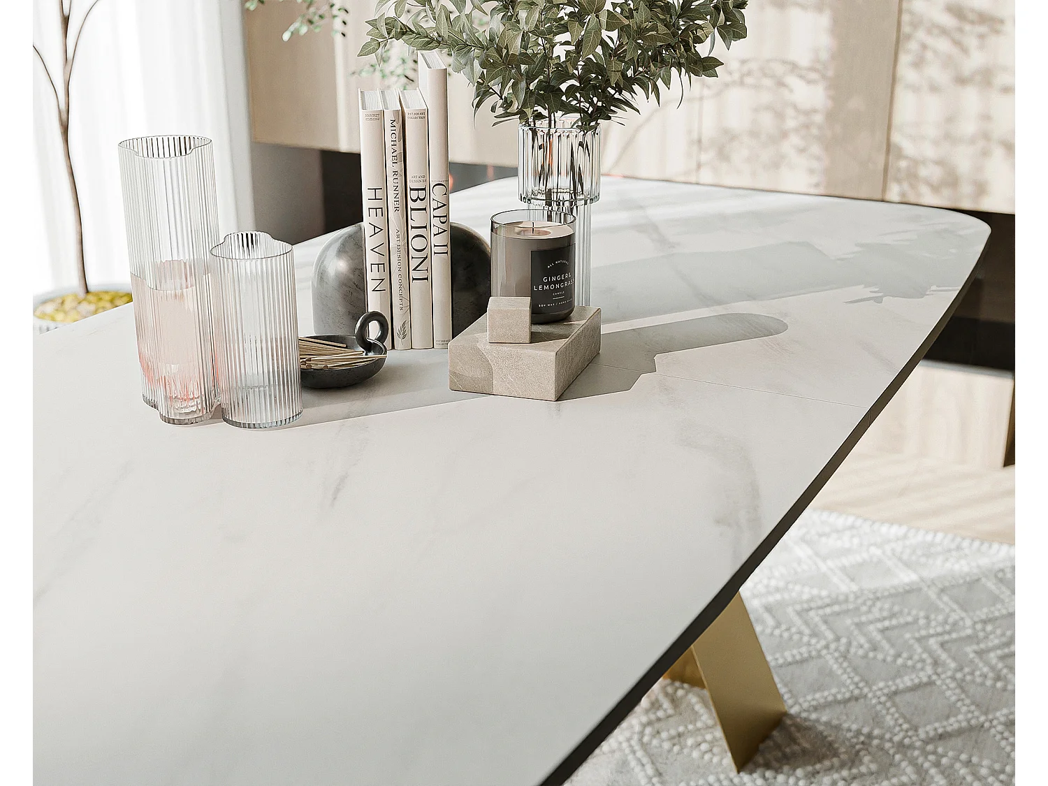 Table à manger extensible 180/218 en MDF, pieds en métal doré, marbre bianco