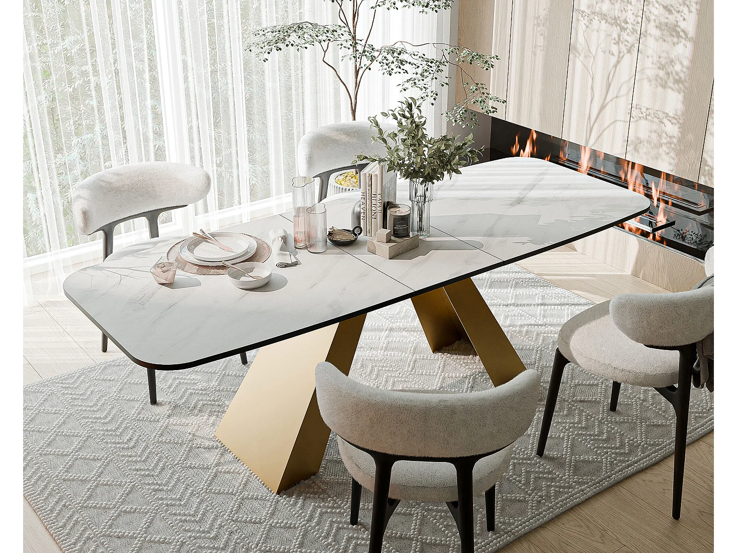 Table à manger extensible 180/218 en MDF, pieds en métal doré, marbre bianco