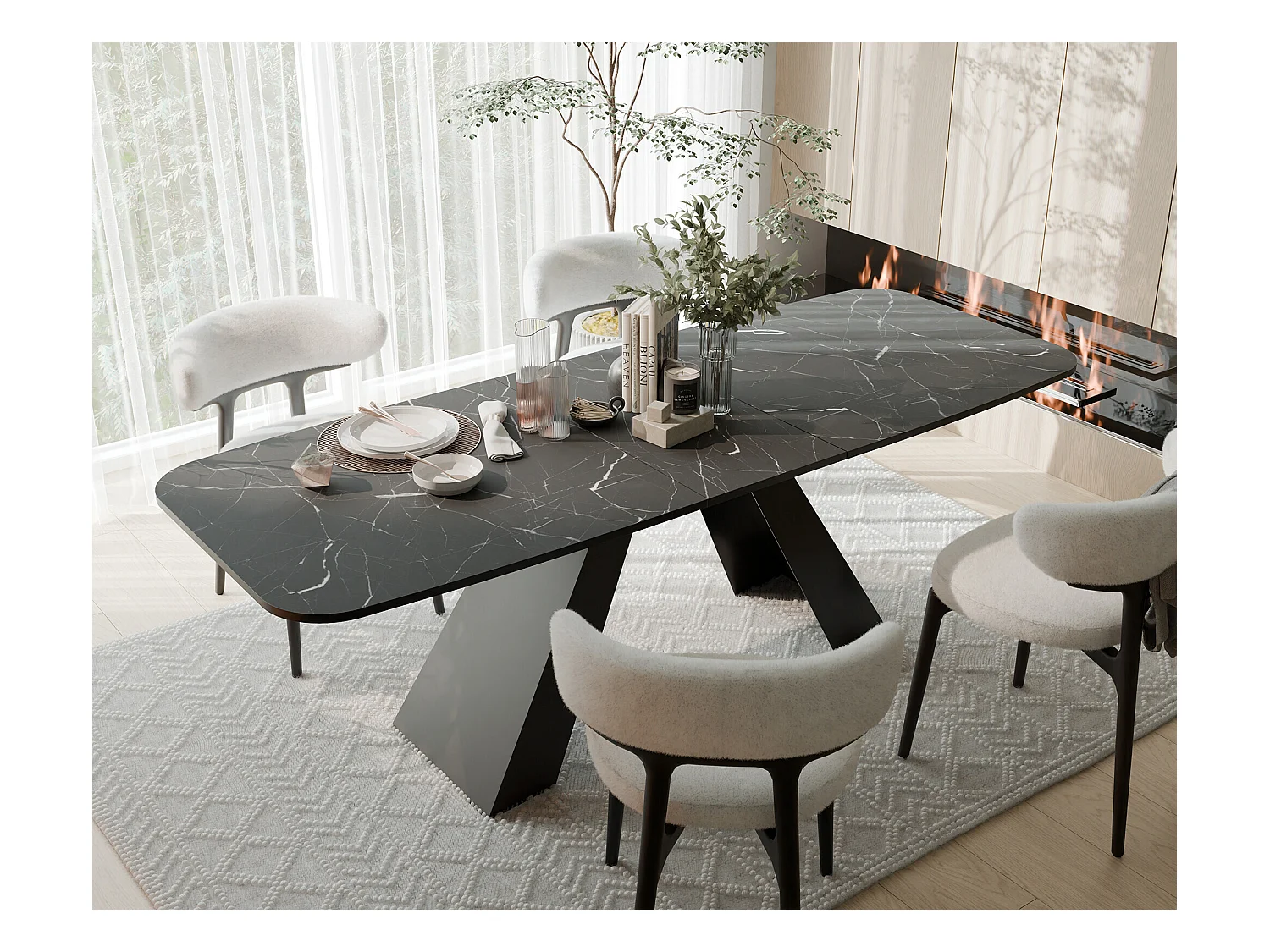 Table à manger extensible 180/218 en MDF, pieds en métal noir, grigia pietra