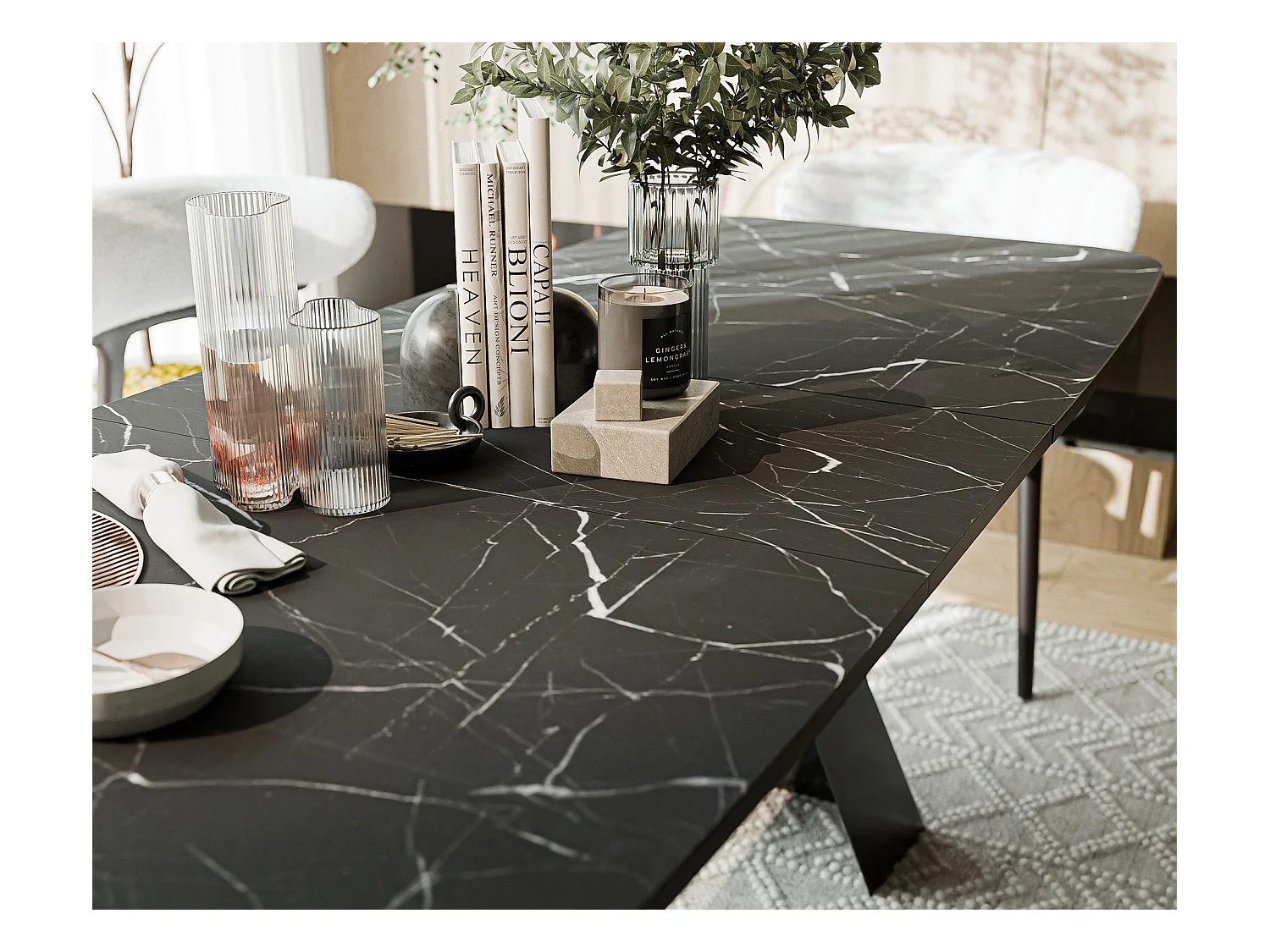 Table à manger extensible 180/218 en MDF, pieds en métal noir, grigia pietra