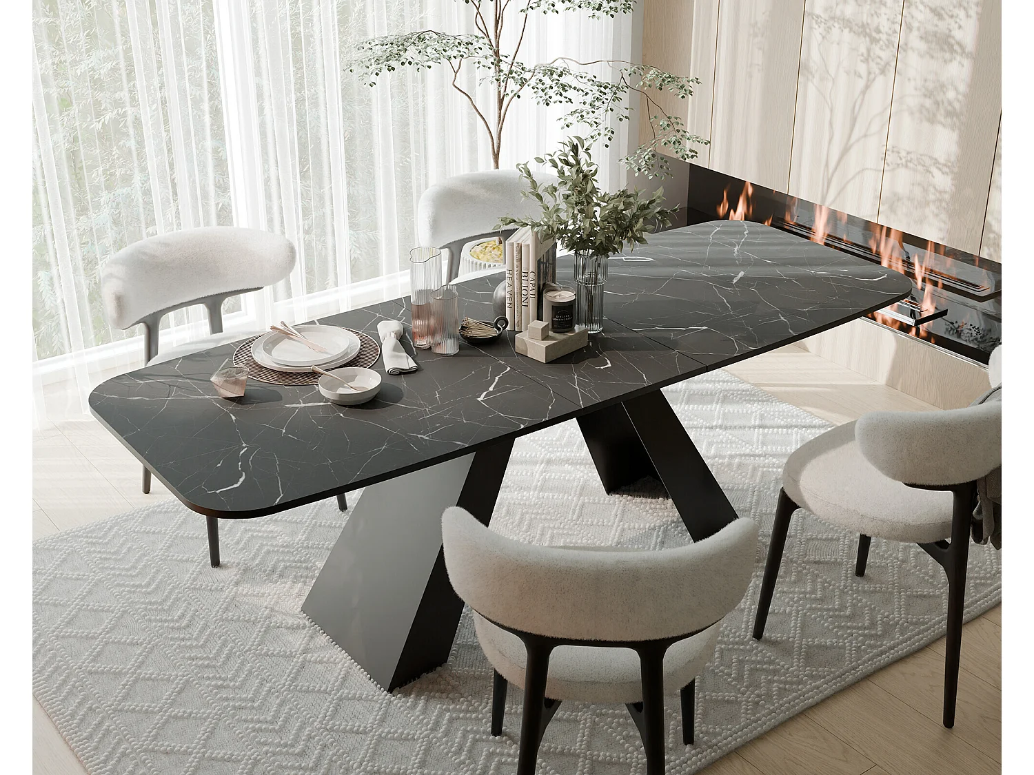 Table à manger extensible 180/218 en MDF, pieds en métal noir, grigia pietra