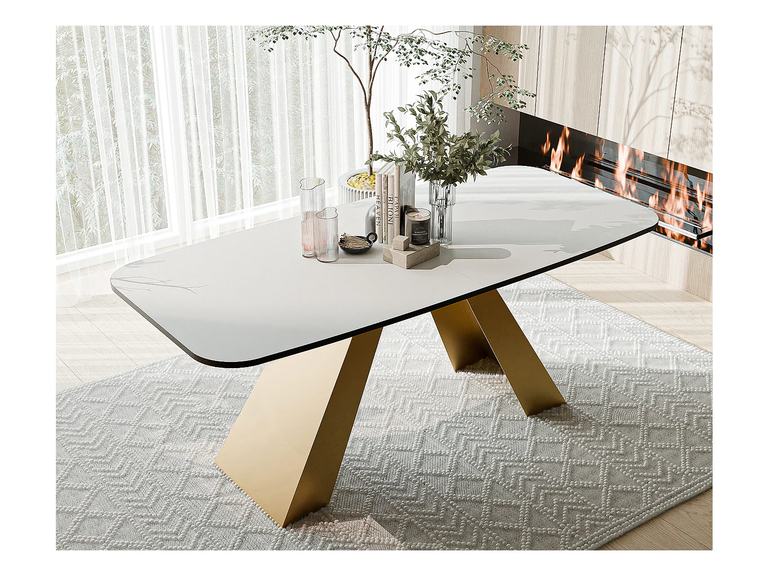 Table à manger extensible 180/218 en MDF, pieds en métal doré, blanc arctique