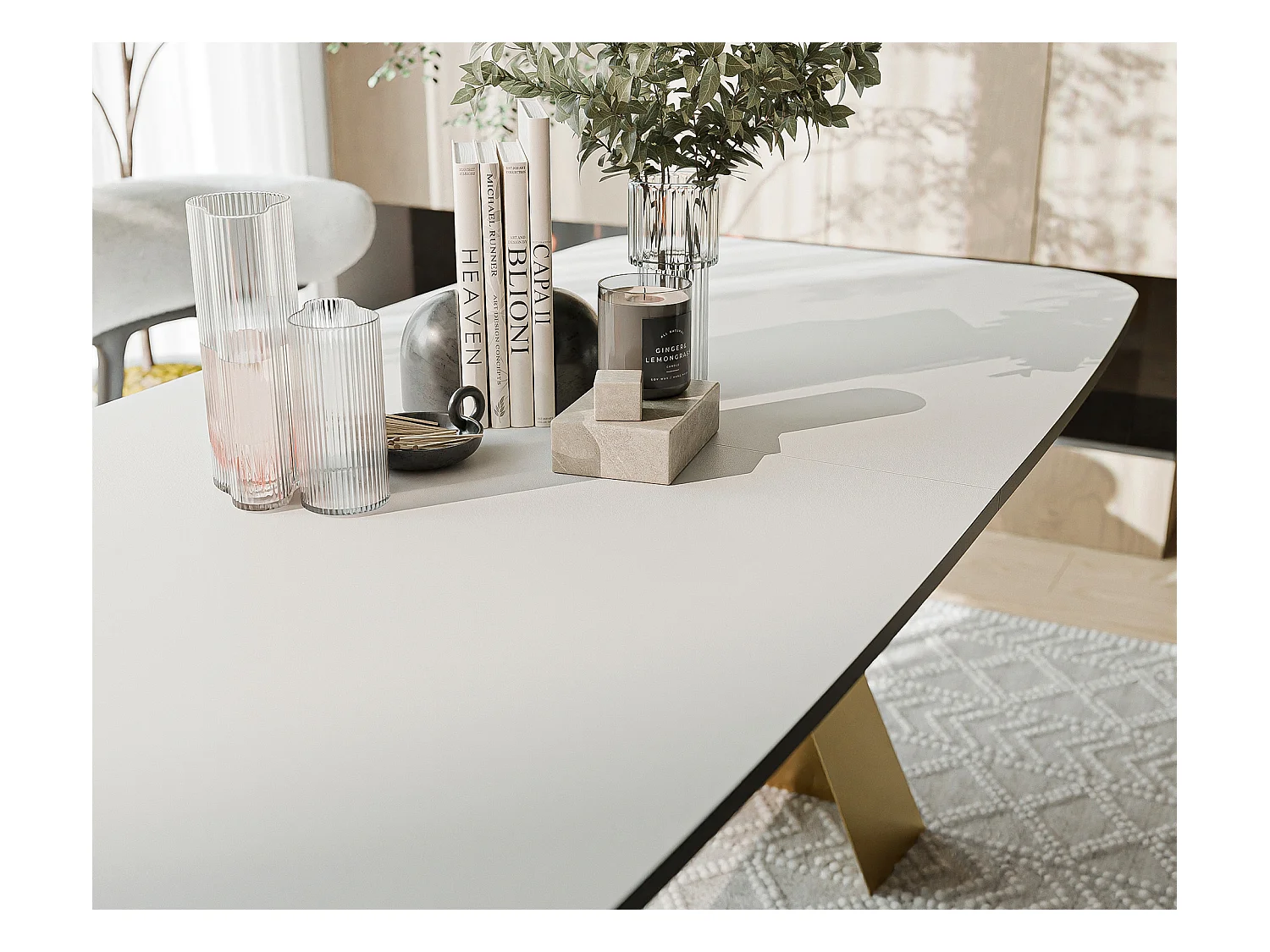 Table à manger extensible 180/218 en MDF, pieds en métal doré, blanc arctique