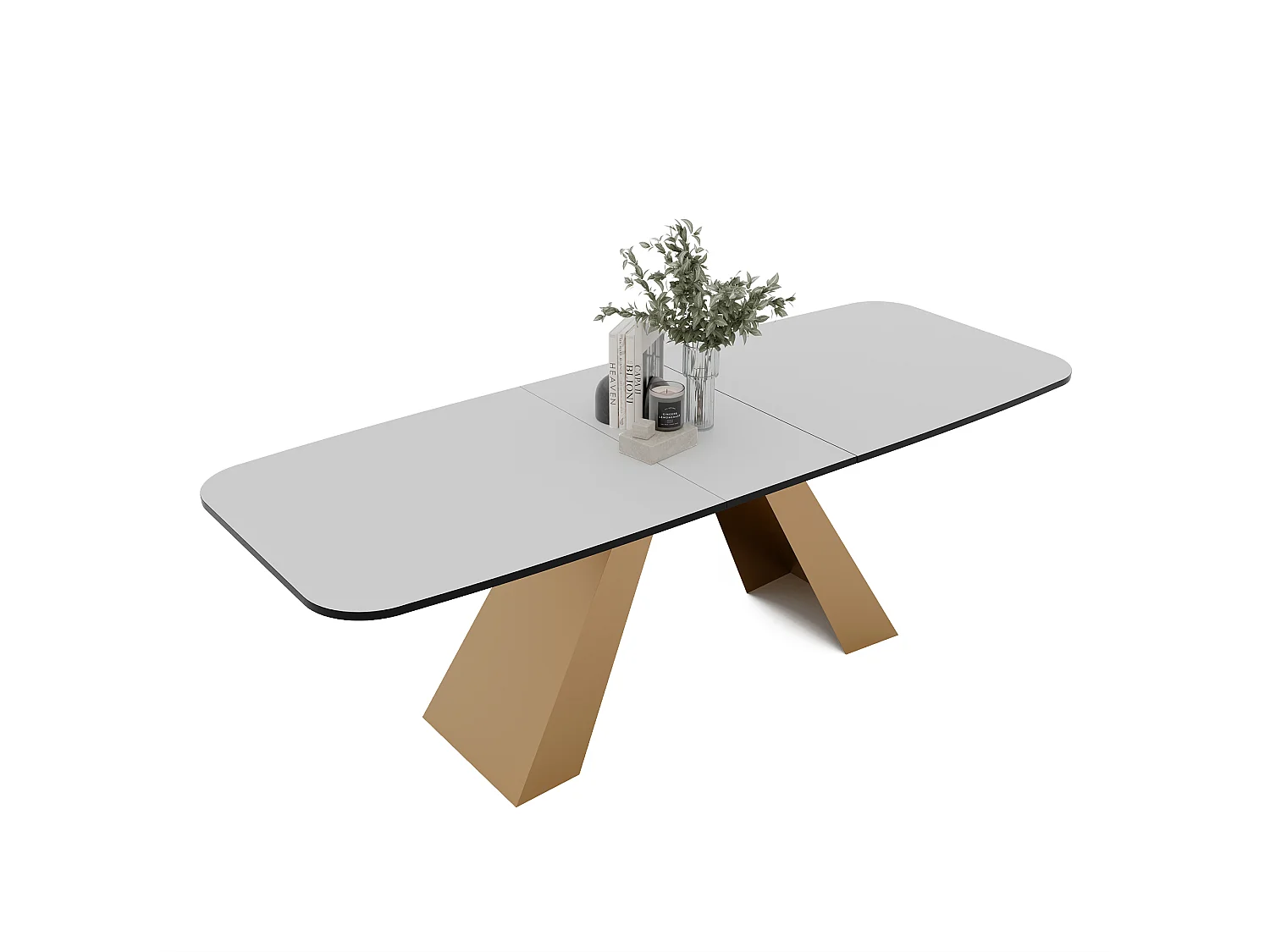 Table à manger extensible 180/218 en MDF, pieds en métal doré, blanc arctique