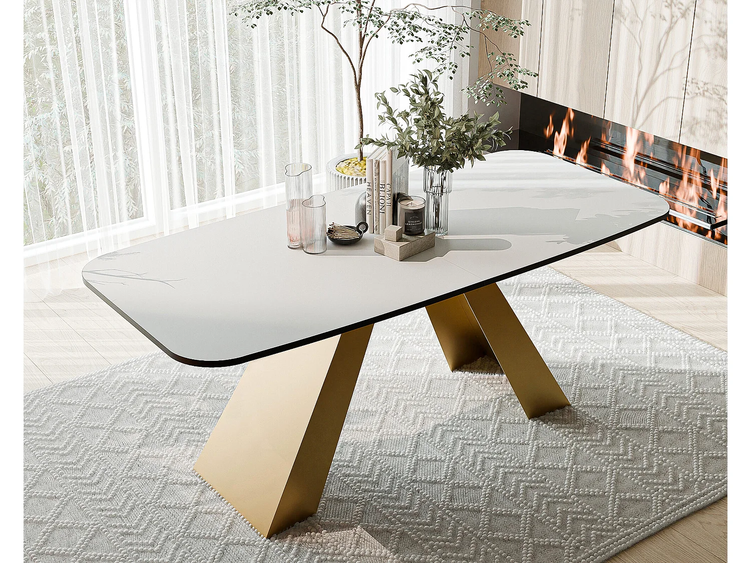 Table à manger extensible 180/218 en MDF, pieds en métal doré, blanc arctique