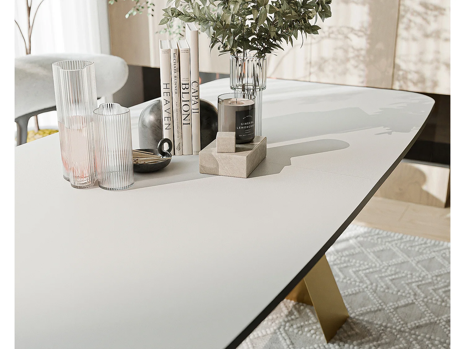 Table à manger extensible 180/218 en MDF, pieds en métal doré, blanc arctique