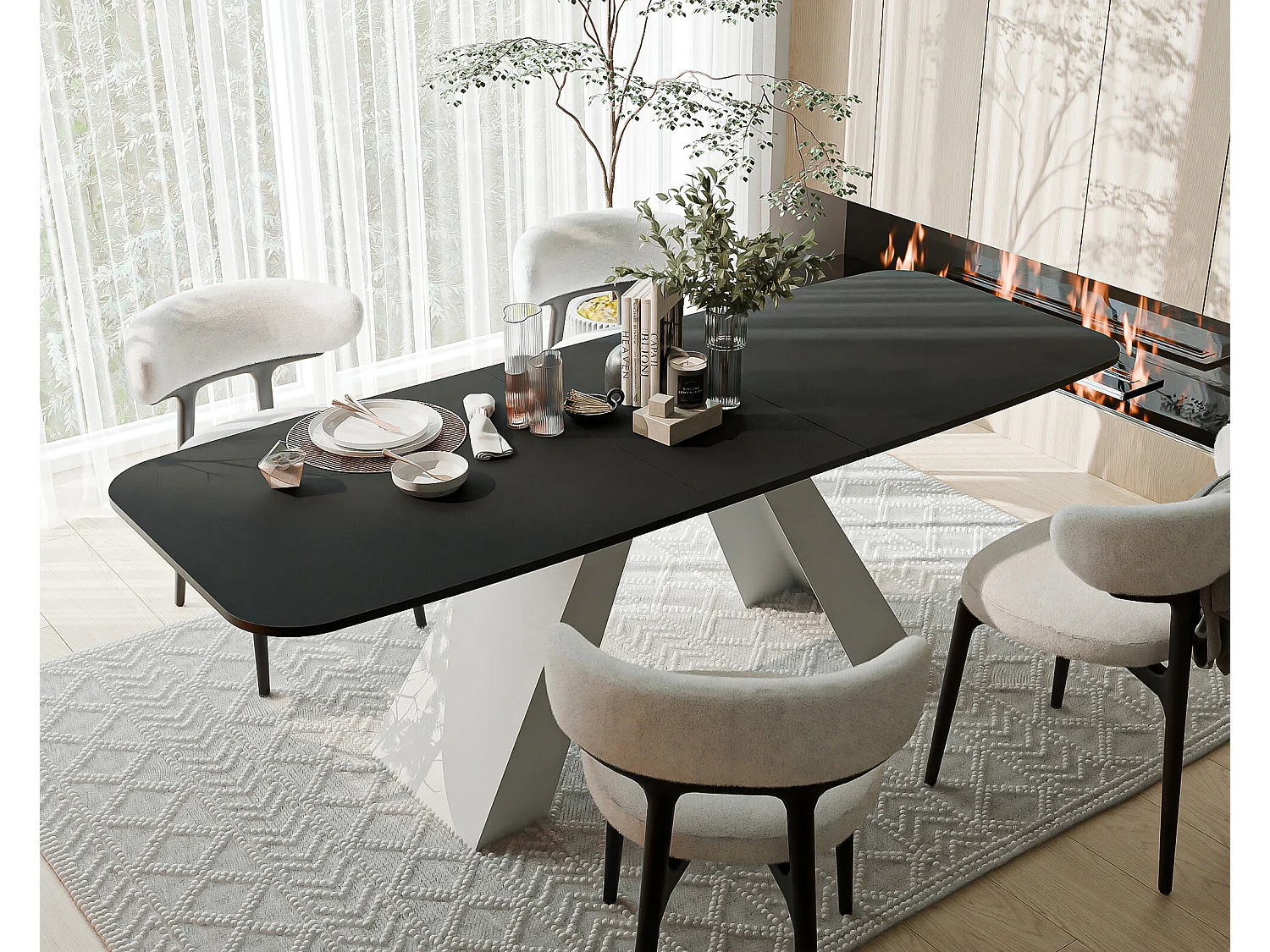 Table à manger extensible 160/198 en MDF, pieds en métal blanc, molet noir