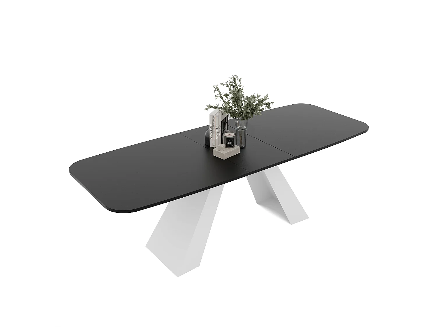 Table à manger extensible 160/198 en MDF, pieds en métal blanc, molet noir