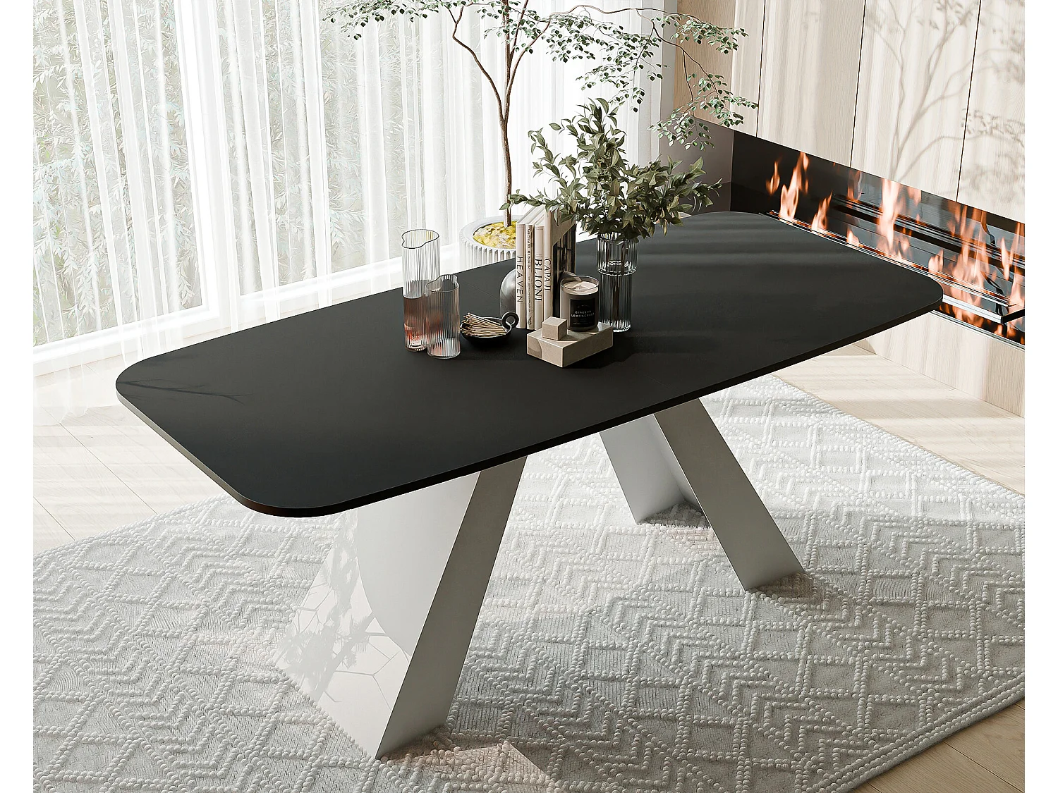 Table à manger extensible 160/198 en MDF, pieds en métal blanc, molet noir