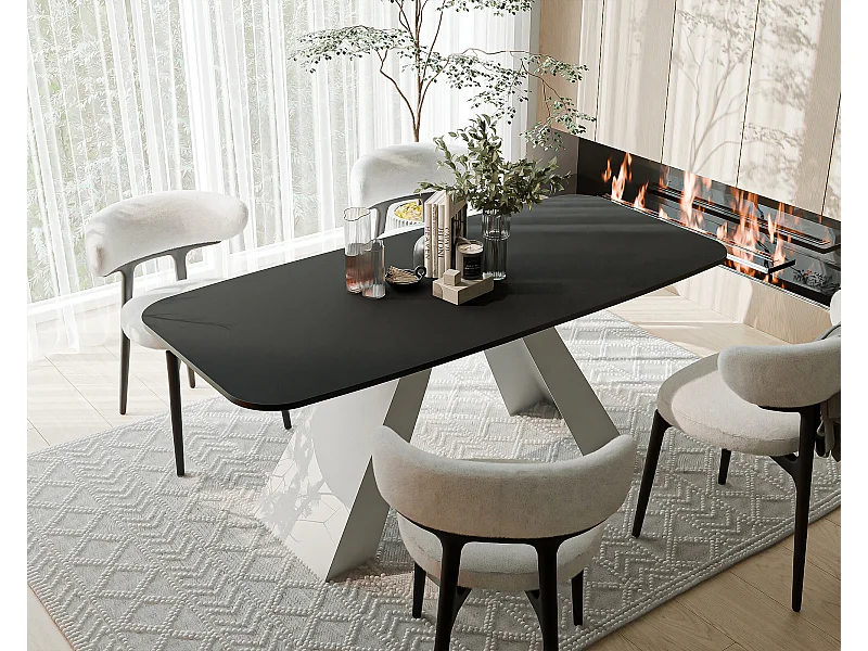 Table à manger extensible 160/198 en MDF, pieds en métal blanc, molet noir